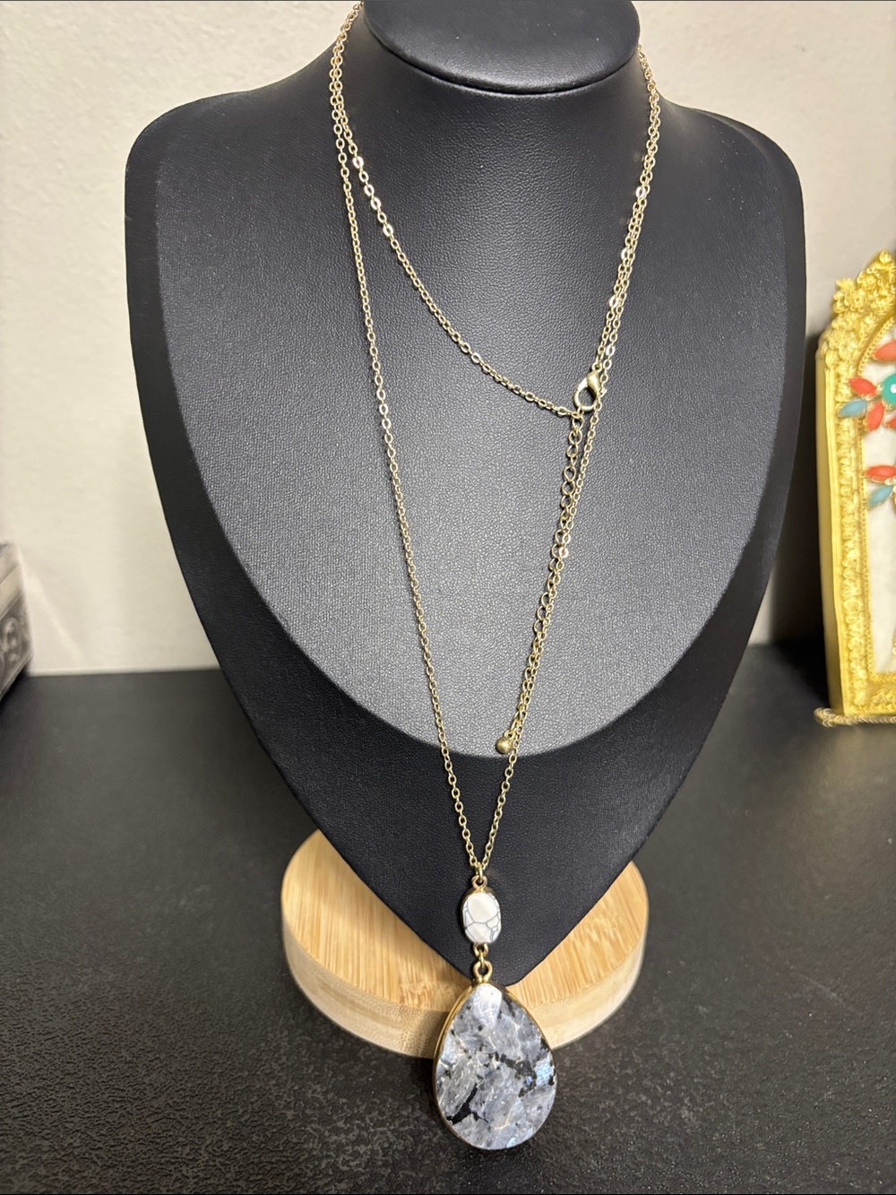 Gold Layered Necklace with Gray Marbled Stone Teardrop Pendant